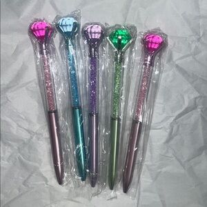 Set of 5 Gem Top Crystal Ballpoint Pens - Pastel Multicolor